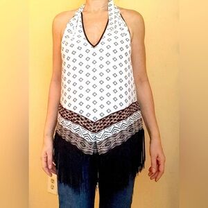 White House Black Market Fringe Halter Top XLP Boho Tribal Print Tie Neck V-Neck